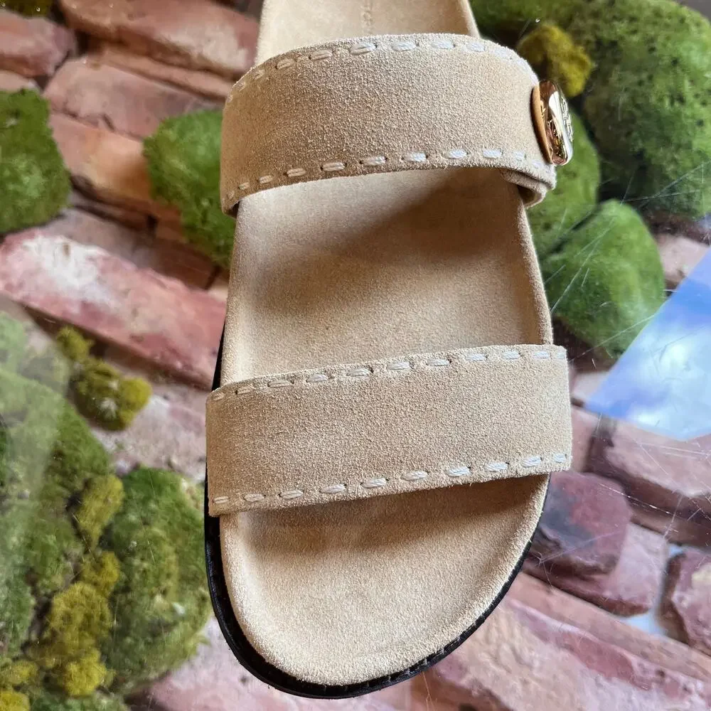 TORY BURCH Romy Sport Beige Suede Slides SZ 10